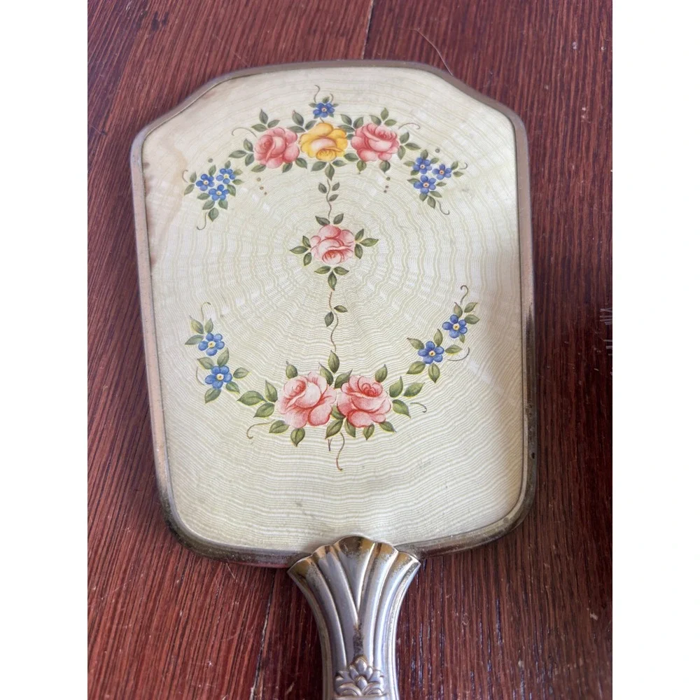 Vintage Floral Guilloche Vanity Set Hand Mirror Brush Comb Gold Tone 3pc